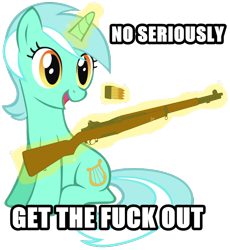 Size: 720x781 | Tagged: safe, artist:totallynotabronyfim, edit, lyra heartstrings, 30-06, gtfo, gun, image macro, impact font, m1 garand, magic, meme, ponies with guns, reaction image, rifle, solo, vulgar, weapon