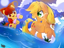 Size: 1024x768 | Tagged: safe, artist:kumikoponylk, apple bloom, applejack, earth pony, pony, bipedal, cutie mark, female, filly, floaty, hatless, missing accessory, open mouth, sisters, splashing, the cmc's cutie marks, water, water wings