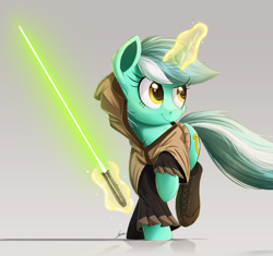 Size: 2000x1883 | Tagged: safe, artist:ncmares, lyra heartstrings, pony, unicorn, clothes, commission, crossover, jedi, lightsaber, magic, raised hoof, signature, solo, star wars, weapon