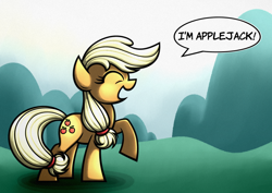 Size: 1754x1240 | Tagged: safe, artist:rambopvp, applejack, earth pony, pony, eyes closed, raised hoof, solo