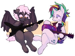 Size: 1024x756 | Tagged: safe, artist:medobes, rarity, oc, bat pony, pony, unicorn, alternate hairstyle, bat pony oc, bracelet, duo, golden eyes, guitar, jewelry, lesson, musical instrument, punk, raripunk