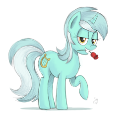 Size: 1529x1404 | Tagged: safe, artist:manual-monaro, lyra heartstrings, bedroom eyes, flower, flower in mouth, grin, lidded eyes, looking at you, mouth hold, raised hoof, rose, simple background, smiling, solo, standing