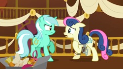 Size: 1920x1080 | Tagged: safe, screencap, bon bon, lyra heartstrings, sweetie drops, pony, slice of life (episode), grappling hook, lyra is not amused, rope, secret agent sweetie drops, watch, worried