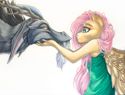 Size: 800x609 | Tagged: safe, artist:chasingthesilverstag, discord, fluttershy, anthro, alternate universe, clothes, dress, hand on cheek, looking at each other, simple background, traditional art, white background