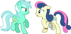 Size: 13347x6400 | Tagged: safe, artist:parclytaxel, bon bon, lyra heartstrings, sweetie drops, earth pony, pony, unicorn, slice of life (episode), .svg available, absurd resolution, argument, female, lyra is not amused, mare, secret agent sweetie drops, simple background, transparent background, vector, watch, worried