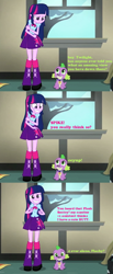 Size: 616x1500 | Tagged: safe, derpibooru import, edit, edited screencap, screencap, spike, twilight sparkle, dog, equestria girls, rainbow rocks, caption, clothes, comic, eyes on the prize, female, flash hate, flirting, forever alone, looking at you, male, meme, screencap comic, shipping, skirt, smiling, spike the dog, straight, text, twispike