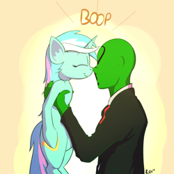 Size: 1200x1200 | Tagged: safe, artist:cheshiresdesires, lyra heartstrings, oc, oc:anon, human, pony, unicorn, boop, cute, duo, eyes closed, gradient background, holding, holding a pony, noseboop, smiling