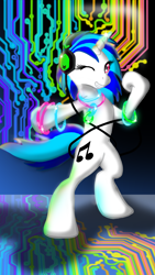 Size: 3186x5664 | Tagged: safe, artist:g33kf0x, dj pon-3, vinyl scratch, pony, bipedal, glowstick, headphones, rave, solo