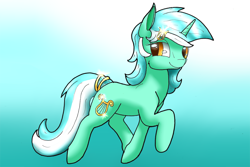 Size: 960x640 | Tagged: safe, artist:crystallinepone, lyra heartstrings, bracelet, gradient background, hairpin, jewelry, smiling, solo, trotting