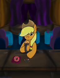 Size: 2550x3300 | Tagged: safe, artist:xenstroke, applejack, earth pony, pony, bar, cider, dark, donut, drink, food, solo