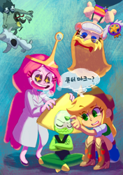 Size: 500x709 | Tagged: safe, artist:chi-iz, applejack, equestria girls, adventure time, confused, crossover, excited, humanized, korean, ludo, peridot (steven universe), princess bubblegum, star butterfly, star vs the forces of evil, steven universe