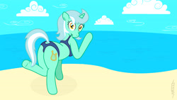 Size: 4859x2733 | Tagged: safe, artist:minimoose772, lyra heartstrings, anatomically incorrect, bikini, clothes, incorrect leg anatomy, looking at you, looking back, open mouth, plot, smiling, solo, swimsuit, waving