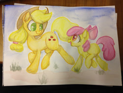 Size: 1136x852 | Tagged: safe, artist:whale, apple bloom, applejack, earth pony, pony, cowboy hat, grass, hair bow, hat, looking at each other, stetson, traditional art, trotting, watercolor painting