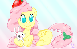 Size: 2878x1826 | Tagged: safe, artist:gingerthefox, angel bunny, fluttershy, food pony, ice cream pony, original species, pony, folded wings, food, ice cream, no pupils, prone, smiling, species swap, strawberry