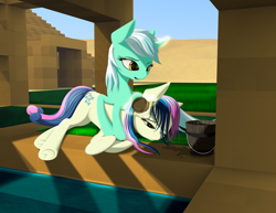 Size: 1920x1484 | Tagged: safe, artist:styroponyworks, bon bon, lyra heartstrings, sweetie drops, pony, brush, brushing, desert, female, grooming, lesbian, lyrabon, magic, mare, minecraft, shipping, underhoof, water