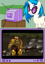 Size: 599x850 | Tagged: safe, dj pon-3, vinyl scratch, pony, unicorn, astartes pattern baldness, blood ravens, exploitable meme, indrick boreale, meme, obligatory pony, spess mahreen, tv meme, unreal superhero 3, warhammer (game), warhammer 40k, youtube link