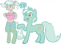 Size: 1398x1012 | Tagged: safe, artist:moronsonofboron, lyra heartstrings, oc, oc:hope, pony, satyr, belly button, clothes, daisy dukes, fishnet stockings, midriff, parent:lyra heartstrings, short shirt, shorts