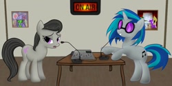 Size: 1280x640 | Tagged: safe, artist:zonra, dj pon-3, octavia melody, vinyl scratch, oc, earth pony, pony, fanfic, microphone