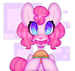 Size: 2106x2000 | Tagged: safe, artist:bunxl, pinkie pie, earth pony, pony, abstract background, burger, food, hamburger, solo