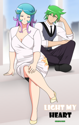 Size: 2452x3856 | Tagged: safe, alternate version, artist:evoheaven, princess celestia, spike, human, breasts, cleavage, clothes, dress, duo, female, high heels, humanized, jewelry, looking at you, male, necklace, necktie, older, older spike, shipping, shoes, spikelestia, straight, suit