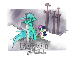 Size: 1200x963 | Tagged: safe, artist:kejifox, bon bon, lyra heartstrings, sweetie drops, sverd i fjell, sword, text, weapon