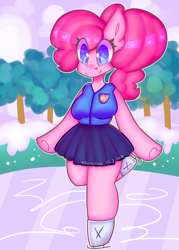 Size: 2500x3500 | Tagged: safe, artist:bunxl, pinkie pie, anthro, earth pony, arm hooves, beautiful, clothes, cute, diapinkes, ice skates, ice skating, moe, skirt, snow, solo, winter wrap up vest