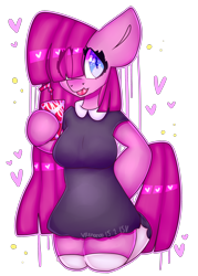 Size: 2500x3500 | Tagged: safe, artist:bunxl, pinkie pie, anthro, earth pony, arm hooves, clothes, dress, drink, pinkamena diane pie, raspberry, simple background, soda, solo, tongue out, transparent background