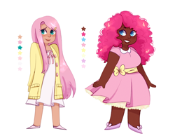 Size: 1280x992 | Tagged: safe, artist:mochietti, fluttershy, pinkie pie, human, clothes, dark skin, dress, humanized, simple background, smiling, white background