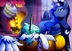 Size: 3507x2480 | Tagged: safe, artist:dormin-dim, princess celestia, princess luna, alicorn, pony, bucket, commission, drool, duo, female, fireplace, glowing horn, luna is not amused, magic, mare, open mouth, royal sisters, sleeping, telekinesis, this will end in tears and/or a journey to the moon, this will not end well, unamused
