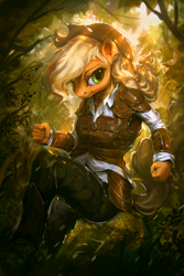 Size: 800x1200 | Tagged: safe, artist:assasinmonkey, applejack, anthro, earth pony, clothes, cowboy hat, female, fist, freckles, hat, leather armor, pants, smiling, solo, stetson, vambrace