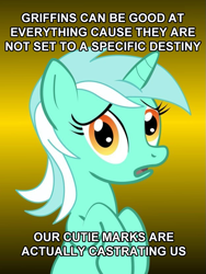 Size: 625x833 | Tagged: safe, lyra heartstrings, pony, unicorn, the fault in our cutie marks, conspiracy lyra, exploitable meme, female, gradient background, green coat, horn, looking at you, mare, meme, open mouth, simple background, solo, text, two toned mane, yellow background