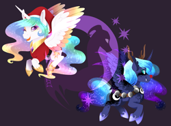 Size: 1944x1440 | Tagged: safe, artist:djspark3, princess celestia, princess luna, alicorn, pony, animal costume, christmas, clothes, colored wings, costume, dappled, duo, duo female, female, holiday, mare, multicolored wings, reindeer costume, royal sisters, santa costume