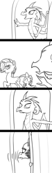 Size: 1080x3600 | Tagged: safe, artist:gashiboka, princess ember, rarity, spike, dragon, pony, unicorn, comic, cute, door, female, jealous, male, monochrome, shipping, sparity, straight