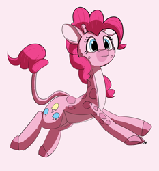 Size: 1280x1376 | Tagged: safe, artist:pabbley, pinkie pie, giraffe, cute, diapinkes, giraffe pie, giraffied, leaping, pink background, simple background, solo, species swap