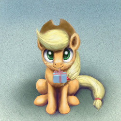 Size: 800x797 | Tagged: safe, artist:el-yeguero, applejack, earth pony, pony, cowboy hat, cute, hat, jackabetes, looking at you, mouth hold, present, sitting, solo, stetson