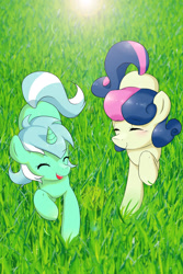 Size: 1771x2657 | Tagged: safe, artist:luka-koward, bon bon, lyra heartstrings, sweetie drops, eyes closed, grass, meadow, running, smiling