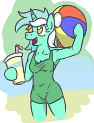 Size: 459x600 | Tagged: safe, artist:jargon scott, lyra heartstrings, anthro, unguligrade anthro, arm hooves, armpits, beach, beach ball, clothes, one-piece swimsuit, swimsuit