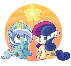 Size: 400x375 | Tagged: safe, artist:xkappax, bon bon, lyra heartstrings, sweetie drops, earth pony, pony, unicorn, adorabon, chibi, cute, female, filly, filly bon bon, filly lyra, foal, glowing horn, horn, levitation, lyrabetes, magic, telekinesis, younger