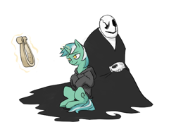 Size: 586x423 | Tagged: safe, artist:azanny, lyra heartstrings, pony, unicorn, fanfic:background pony, clothes, crossover, duo, glowing horn, hoodie, lyre, magic, sitting, telekinesis, undertale, w.d. gaster