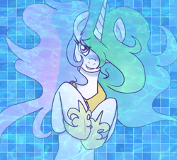 Size: 665x600 | Tagged: safe, artist:reiduran, artist:rustydooks, edit, princess celestia, alicorn, pony, blushing, chest fluff, cute, cutelestia, grin, hoof shoes, looking at you, on back, peytral, smiling, solo, underwater, water