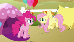 Size: 1920x1090 | Tagged: safe, screencap, fluttershy, pinkie pie, pegasus, pony, the super speedy cider squeezy 6000, balloon, messy mane, tent