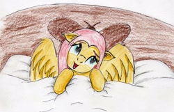 Size: 2301x1482 | Tagged: safe, artist:40kponyguy, derpibooru exclusive, fluttershy, pegasus, pony, bed, cute, ear fluff, floppy ears, head tilt, looking up, open mouth, shyabetes, solo, spread wings, traditional art, wings