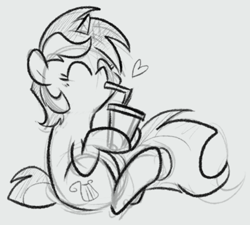 Size: 500x450 | Tagged: safe, artist:egophiliac, lyra heartstrings, pony, unicorn, drink, drinking, eyes closed, grayscale, heart, monochrome, sitting, sketch, smoothie, solo