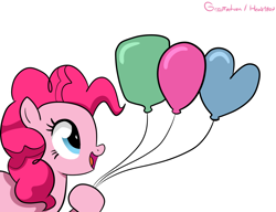 Size: 1300x1000 | Tagged: safe, artist:graytyphoon, pinkie pie, earth pony, pony, balloon, cute, diapinkes, female, hoof hold, mare, open mouth, simple background, smiling, solo, white background