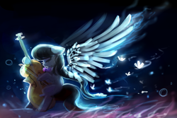 Size: 1280x853 | Tagged: safe, artist:aquagalaxy, octavia melody, earth pony, pony, hoof hold, playing, sitting, solo, wings