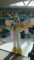 Size: 900x1600 | Tagged: safe, princess celestia, pony, fursuit, irl, photo, uk ponycon, united kingdom