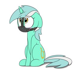 Size: 500x464 | Tagged: safe, artist:victoreach, lyra heartstrings, pony, unicorn, blushing, bondage, floppy ears, gag, muzzle, muzzle gag, simple background, sitting, solo, white background