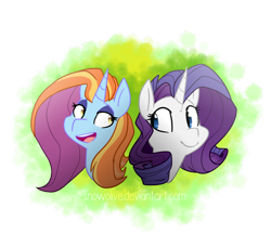 Size: 936x854 | Tagged: safe, artist:snowolive, rarity, sassy saddles, pony, unicorn, abstract background, bust, female, lesbian, mare, open mouth, rarisaddles, smiling