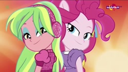 Size: 1920x1080 | Tagged: safe, screencap, lemon zest, pinkie pie, dance magic, equestria girls, spoiler:eqg specials, beautiful, clothes, dress, female, headphones, lidded eyes, looking at each other, ponied up, pony ears, teletoon