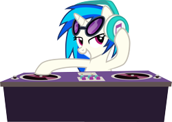 Size: 3526x2510 | Tagged: safe, artist:tsabak, dj pon-3, vinyl scratch, pony, unicorn, testing testing 1-2-3, female, headphones, high res, hooves, horn, mare, simple background, smiling, solo, sunglasses, teeth, transparent background, vector